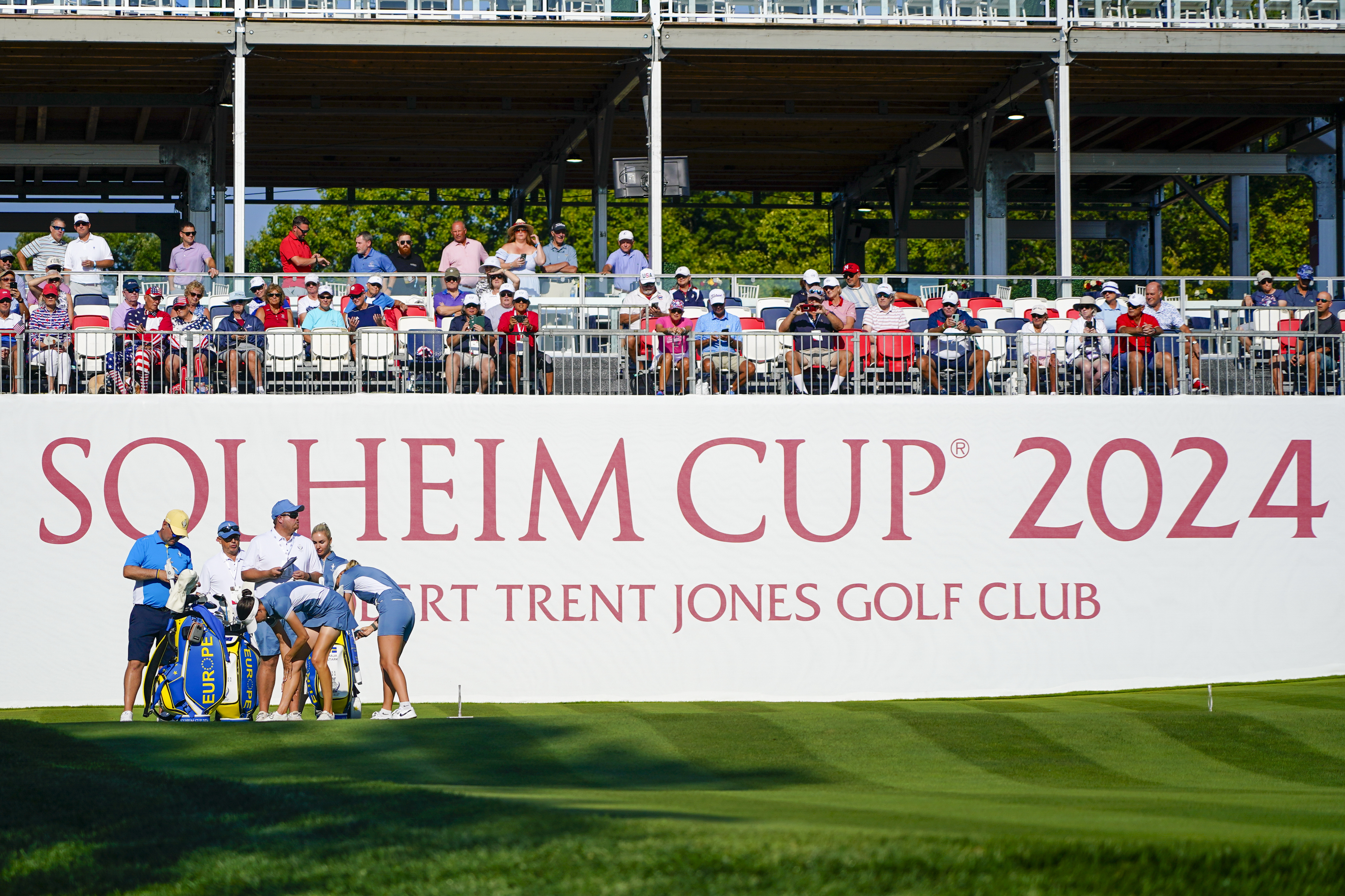 European players gets ready to tee off during a practice round prior to the Solheim Cup golf tournament at the Robert Trent Jones Golf Club, Thursday, Sept. 12, 2024, in Gainesville, VA.