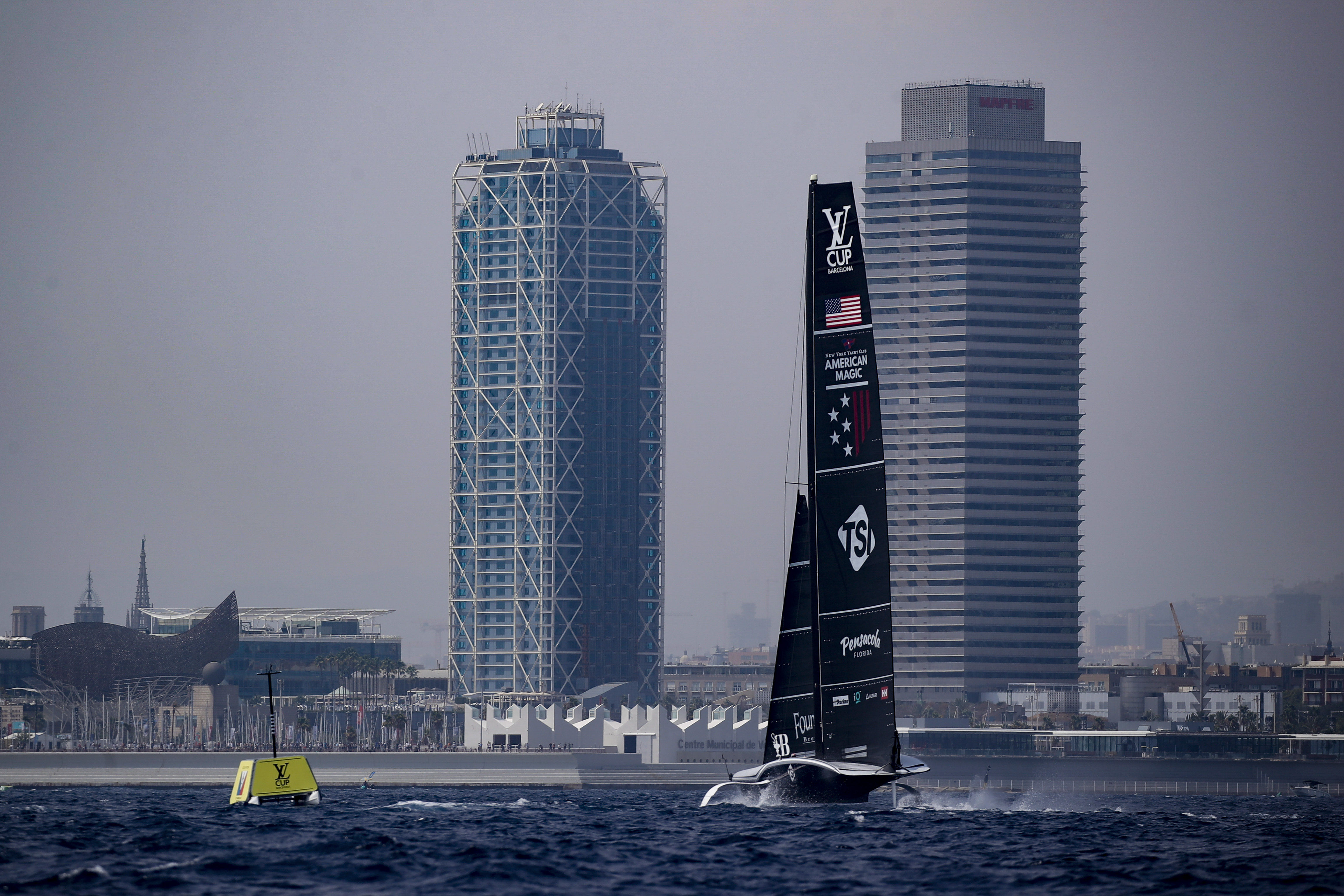 American Magic's AC75 boat sails during America's Cup Preliminary Regatta ahead of the 37th America's Cup sailing race at the Barcelona's coast, Spain, Thursday, Aug. 22, 2024. The world's oldest international sports trophy, best yachtsmen and cutting-edge design and technology will come together in Barcelona when the 37th edition of the America's Cup starts on Thursday.