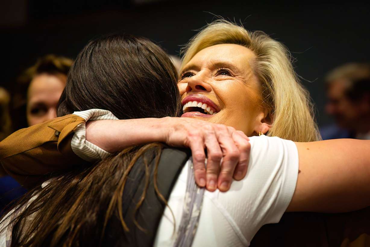 Bonnie H. Cordon, then Young Women General President, hugs a missionary after a devotional at the Missionary Training Center in Provo on May 23, 2023.