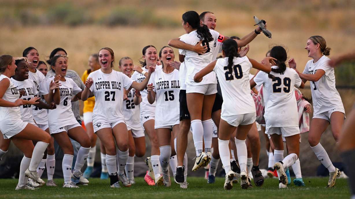 Copper Hills celebrates after Camila Palafox scored the game winner as they defeat Mountain Ridge in a high school soccer game in Herriman on Tuesday, September 3, 2024 Copper Hills won 2-1.