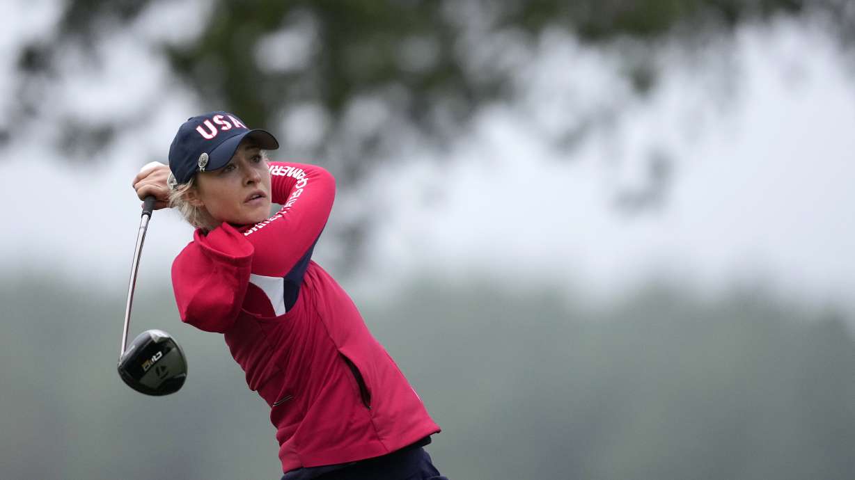 United States' Nelly Korda hits from the second tee during a Solheim Cup golf tournament foursomes match at Robert Trent Jones Golf Club, Friday, Sept. 13, 2024, in Gainesville, VA.