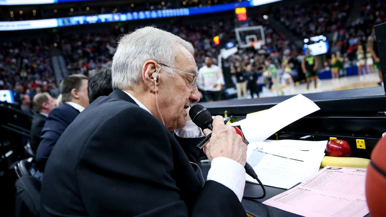 Dan Roberts announces starting players before the NCAA basketball tournament second-round game between the Gonzaga Bulldogs and the Baylor Bears at Vivint Smart Home Arena in Salt Lake City on Saturday, March 23, 2019.