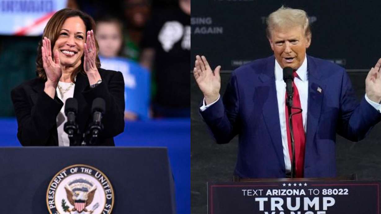 Democratic presidential nominee Vice President Kamala Harris, left, speaks Thursday in Greensboro, N.C. Republican presidential nominee former President Donald Trump speaks Thursday, in Tucson, Ariz. Trump is campaigning in the Western states, including Utah, while Harris focuses on Pennsylvania.