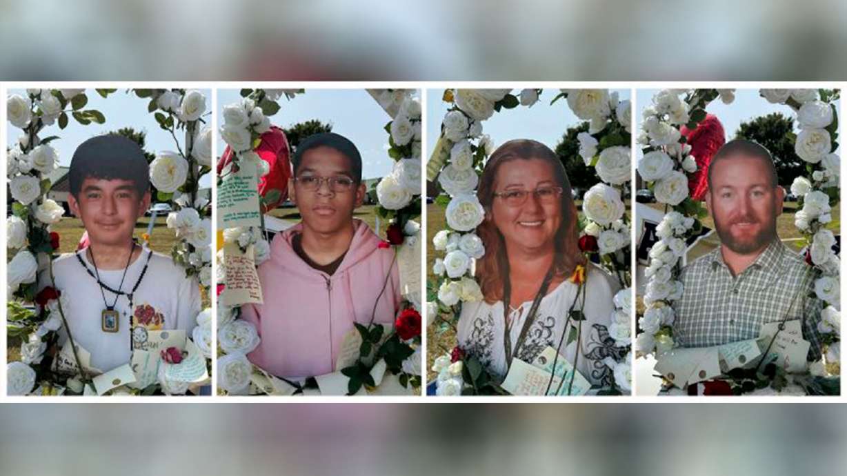 This combination photo shows shooting victims, from left, Christian Angulo, Mason Schermerhorn, Cristina Irimie and Richard Aspinwall, displayed at a memorial outside Apalachee High School, Tuesday, in Winder, Ga.