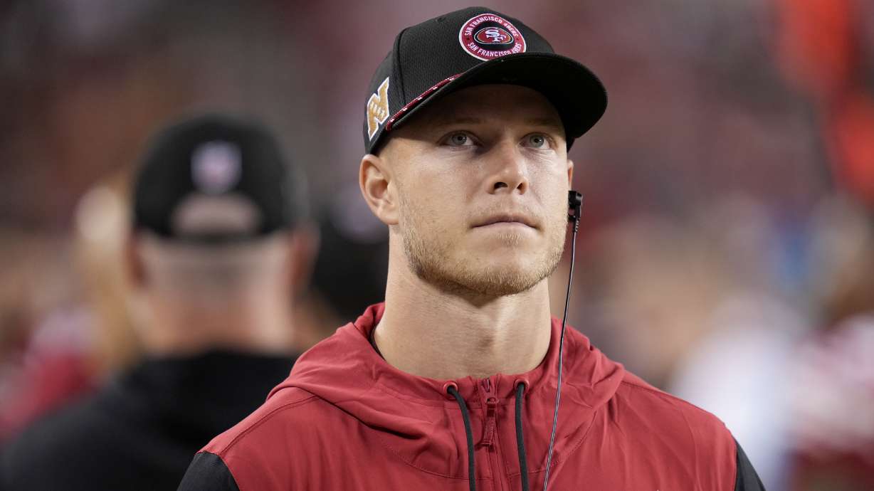 San Francisco 49ers running back Christian McCaffrey walks on the sideline during the second half of an NFL football game against the New York Jets in Santa Clara, Calif., Monday, Sept. 9, 2024.