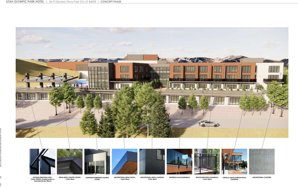 A proposed 120-room hotel would replace the existing Legacy Center at the Olympic Park in Utah Olympic Park in Park City.