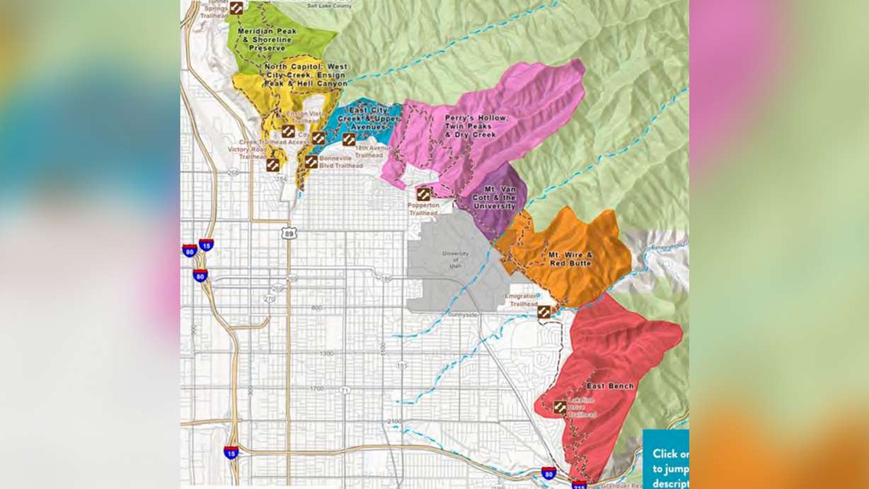 A map of the seven proposed foothills planning zones where trails would be managed and constructed.