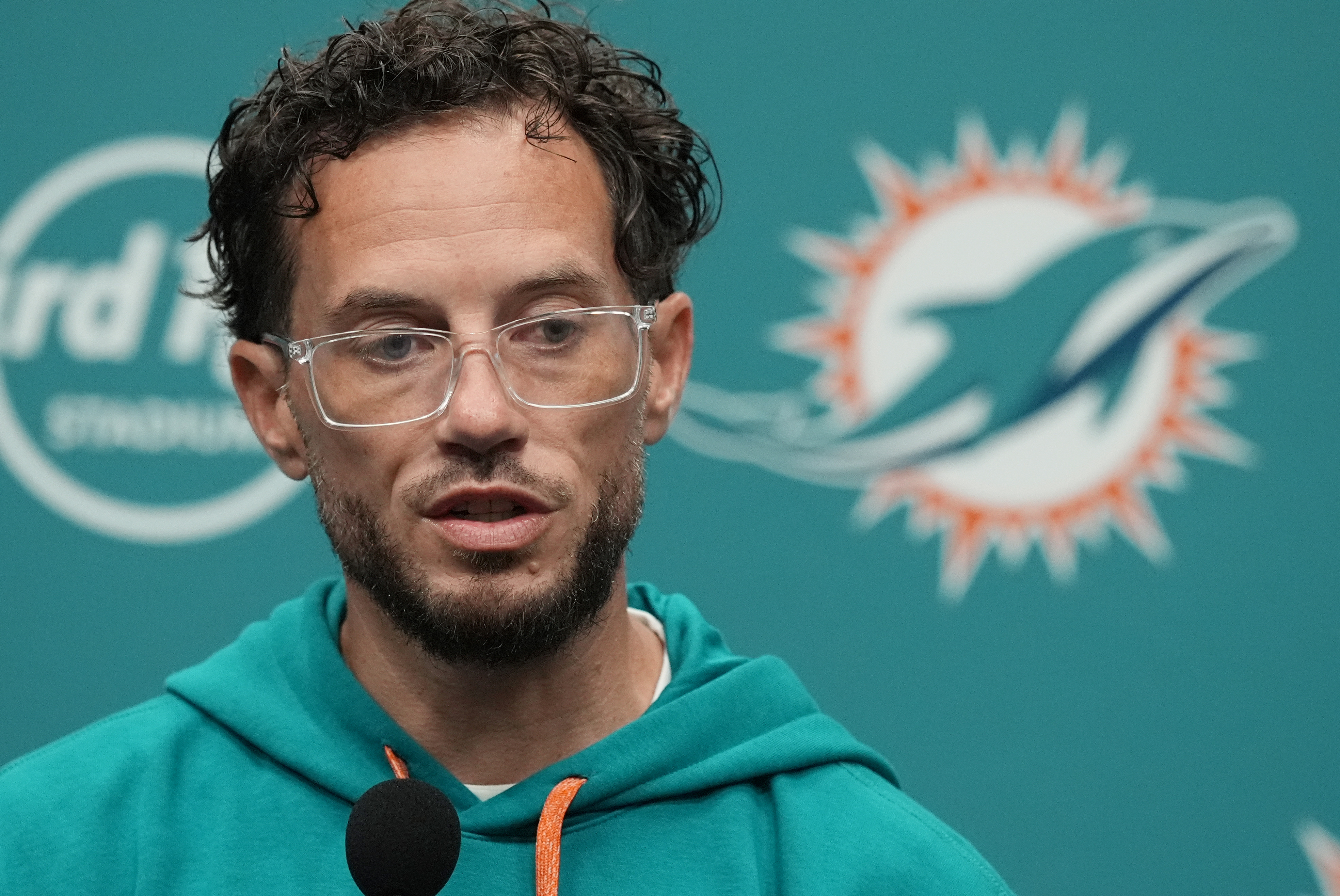 Miami Dolphins head coach Mike McDaniel talks during a news conference following an NFL football game against the Buffalo Bills, Friday, Sept. 13, 2024, in Miami Gardens, Fla.