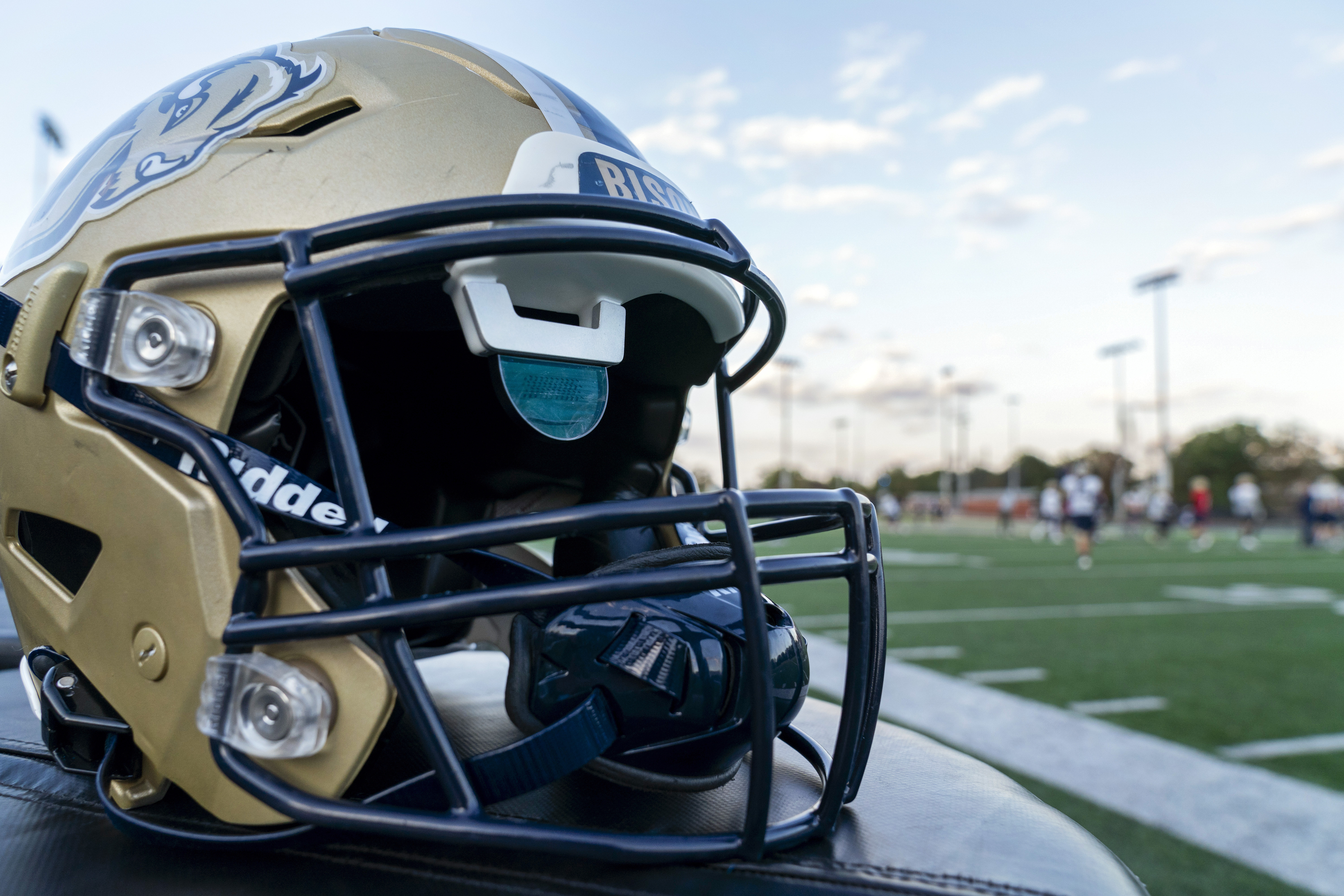 FILE - A football helmet developed by Gallaudet University with AT&T for deaf and hard-of-hearing players is seen during Gallaudet football practice at Hotchkiss Field in Washington, Oct. 10, 2023.
