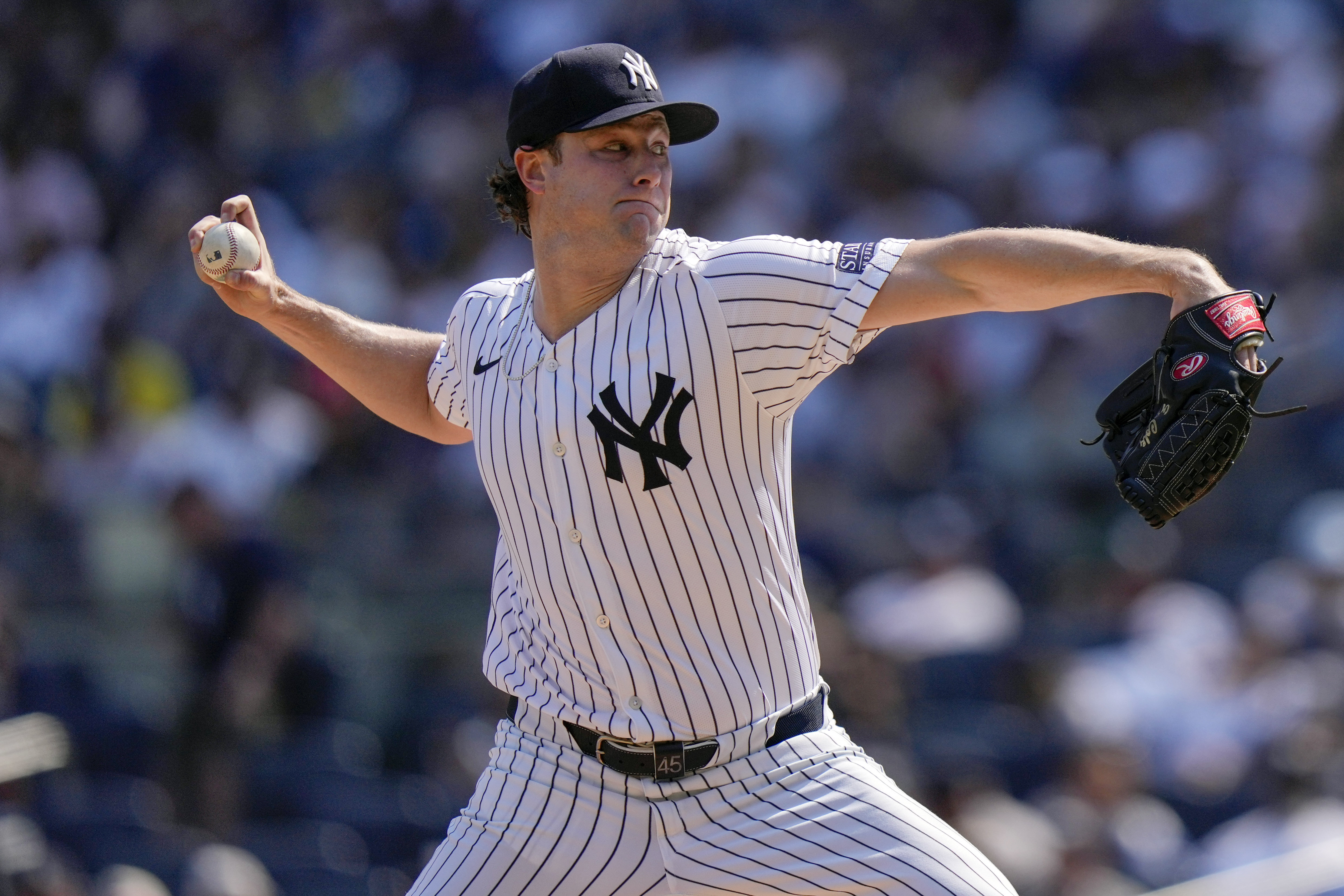 New York Yankees' Gerrit Cole throws during the third inning of a baseball game against the Boston Red Sox, Saturday, Sept. 14, 2024, in New York.