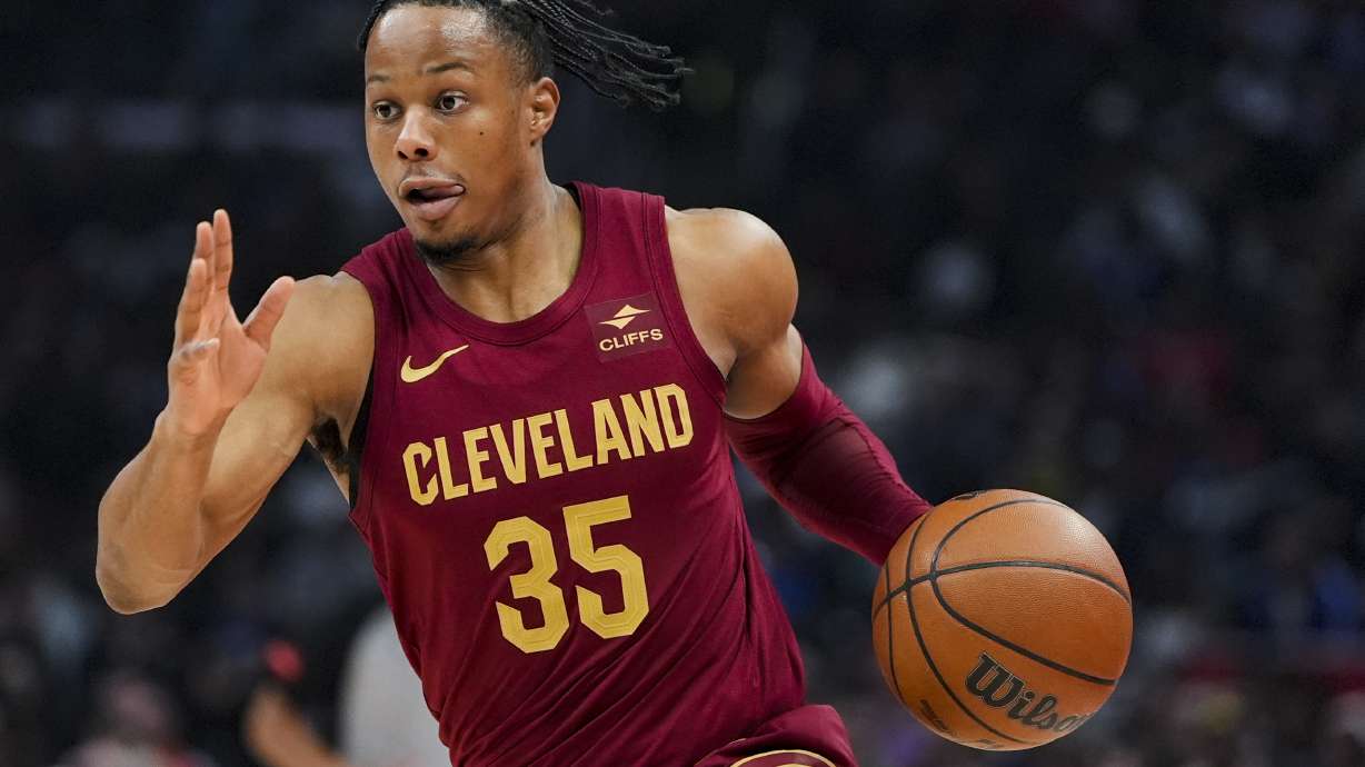 FILE - Cleveland Cavaliers forward Isaac Okoro drives during the first half of an NBA basketball game against the Los Angeles Clippers, Sunday, April 7, 2024, in Los Angeles.