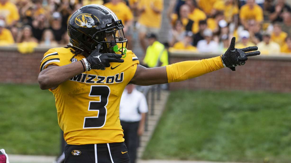 Missouri wide receiver Luther Burden III celebrates a first down during the second half of an NCAA college football game against Boston College, Saturday, Sept. 14, 2024, in Columbia, Mo. Missouri won 27-21.