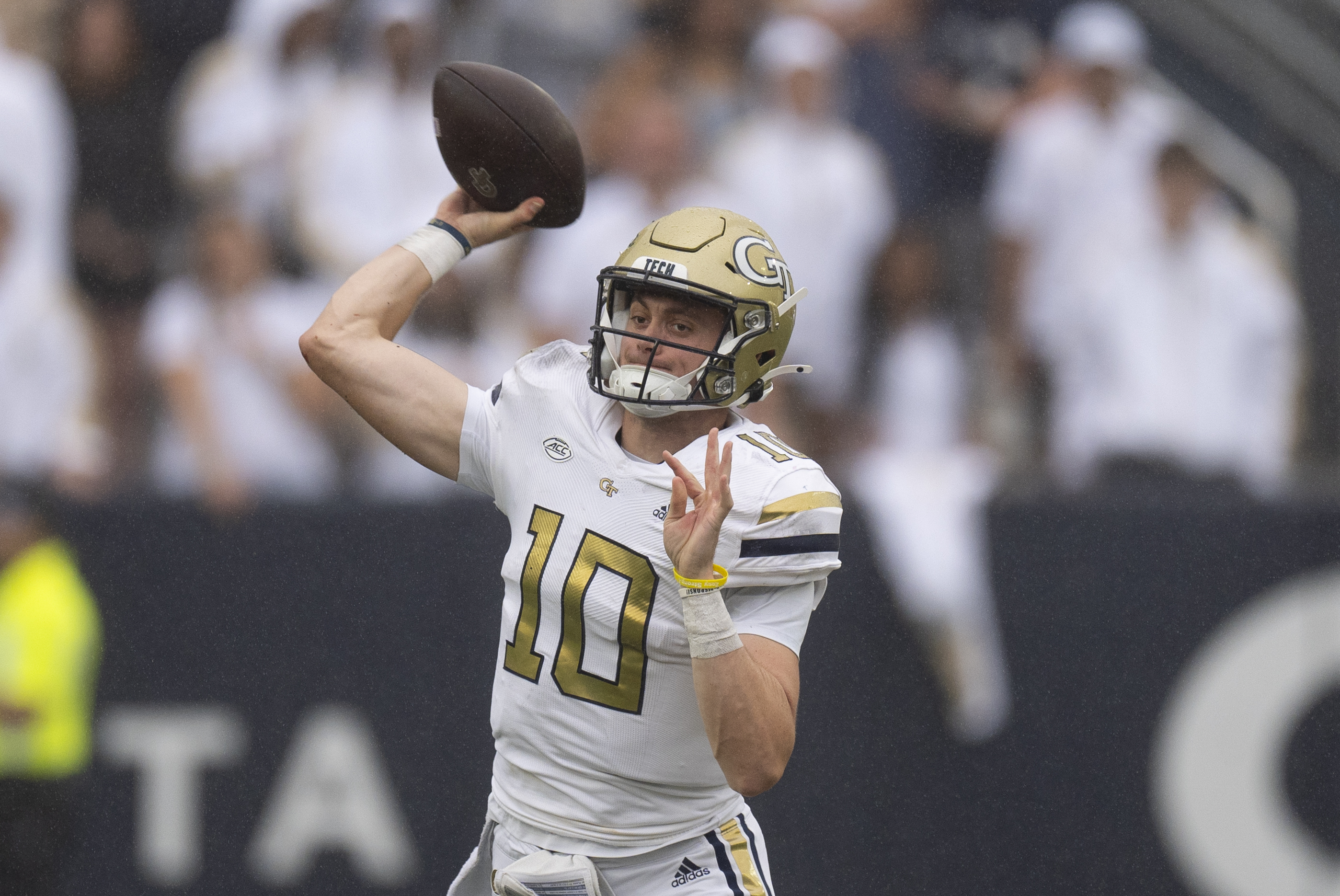 Georgia Tech quarterback Haynes King (10) throws on the run during the first half of a NCAA college football game against Virginia Military Institute Saturday, Sept. 14, 2024, in Atlanta.