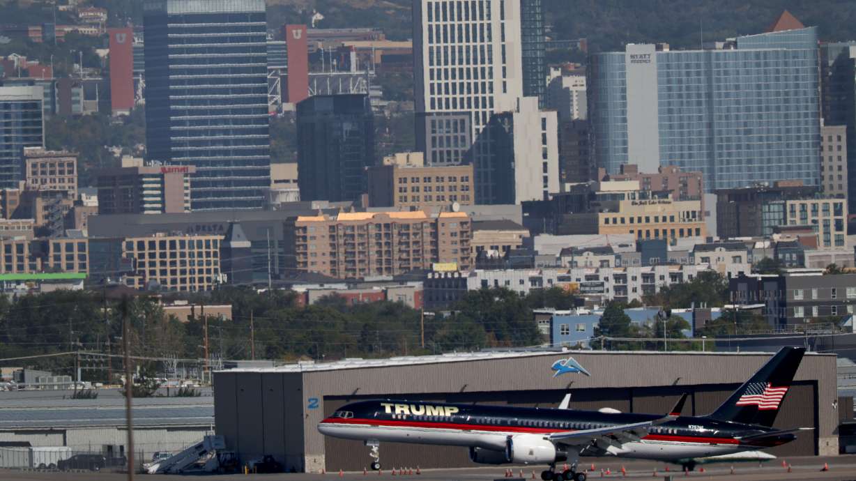Former President Donald Trump lands at Salt Lake City International Airport for a fundraiser Saturday. A host estimated the event raised more than $5 million.