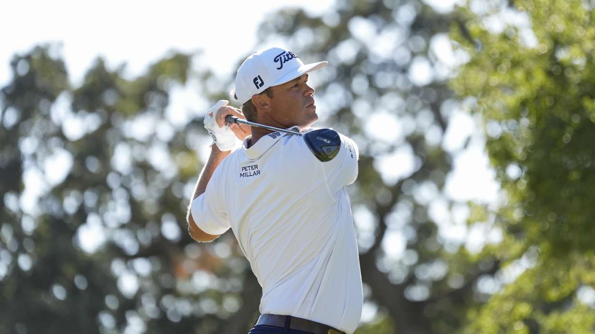 Patton Kizzire watches his shot from the 10th tee during the third round of the Procore Championship golf tournament at the Silverado Resort North Course, Saturday, Sept. 14, 2024, in Napa, Calif.