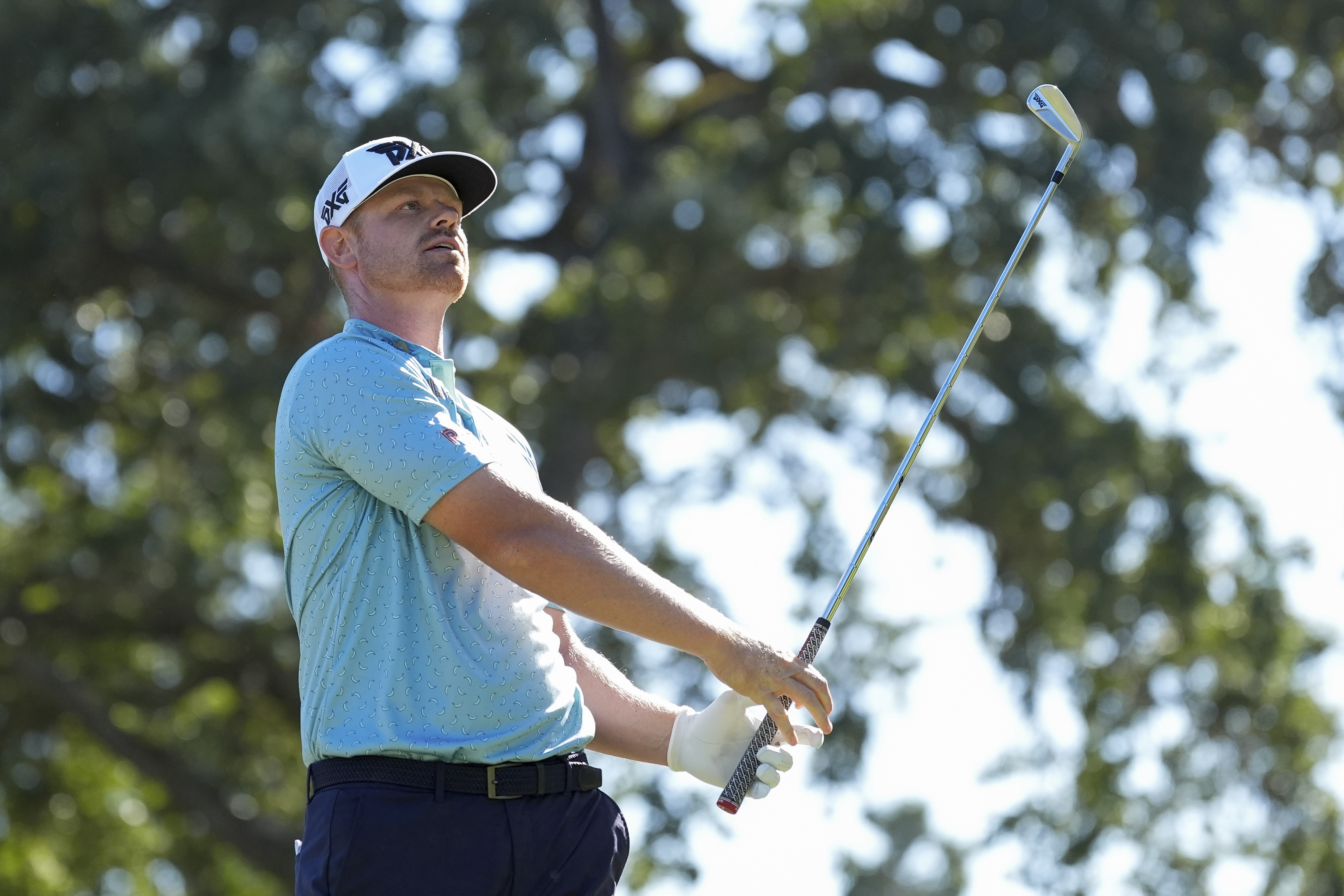 Patrick Fishburn watches his shot from the 10th tee during the third round of the Procore Championship golf tournament at the Silverado Resort North Course, Saturday, Sept. 14, 2024, in Napa, Calif.