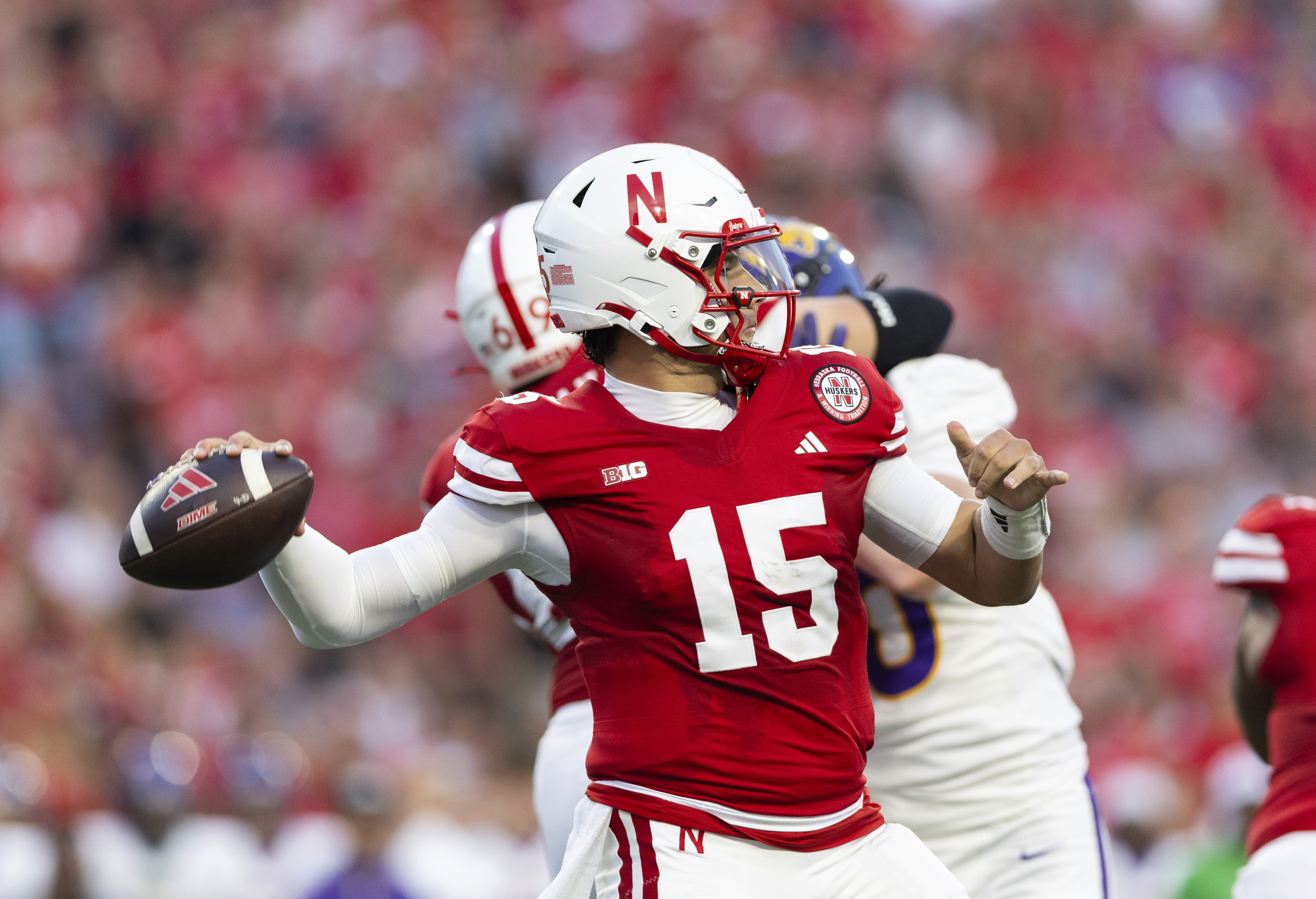 Nebraska quarterback Dylan Raiola (15) passes the ball against Northern Iowa during the first half of an NCAA college football game Saturday, Sept. 14, 2024, in Lincoln, Neb. 