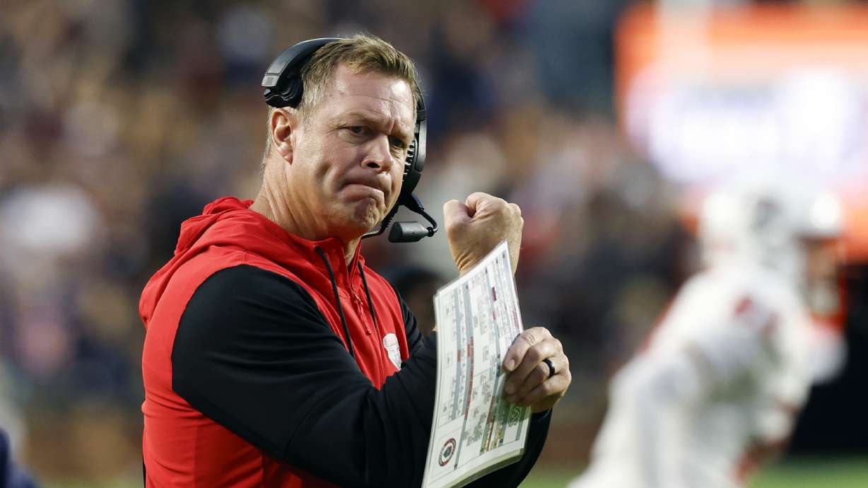 New Mexico head coach Bronco Mendenhall reacts after a play during the first half of an NCAA college football game, against Auburn, Saturday, Sept. 14, 2024, in Auburn, Ala.