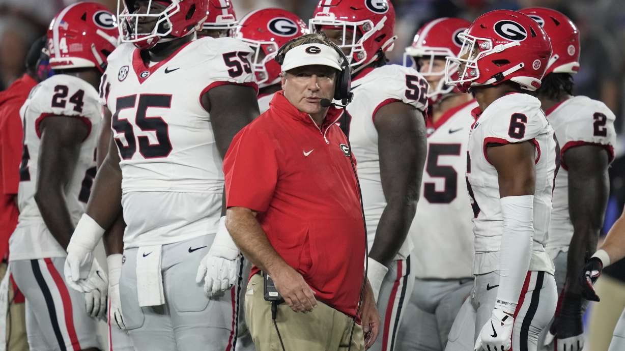 Georgia head coach Kirby Smart looks on during the first half of an NCAA college football game against Kentucky, Saturday, Sept. 14, 2024, in Lexington, Ky.