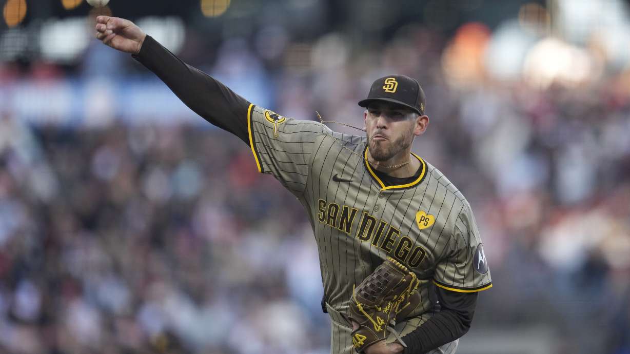 San Diego Padres pitcher Joe Musgrove works against the San Francisco Giants during the first inning of a baseball game in San Francisco, Saturday, Sept. 14, 2024.