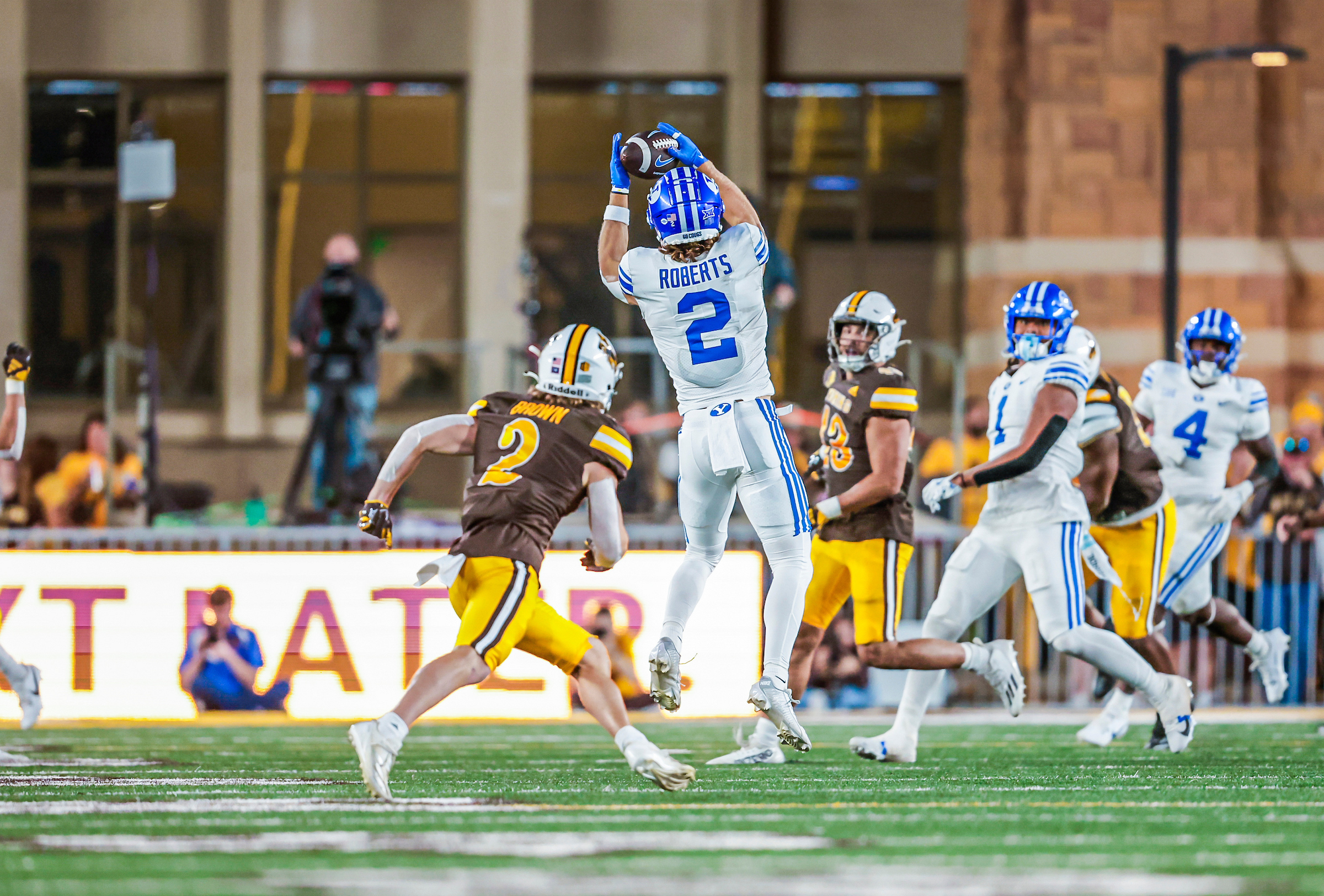 BYU wide receiver Chase Roberts catches a pass during an NCAA football game against Wyoming, Saturday, Sept. 14, 2024 at War Memorial Stadium in Laramie, Wyoming.