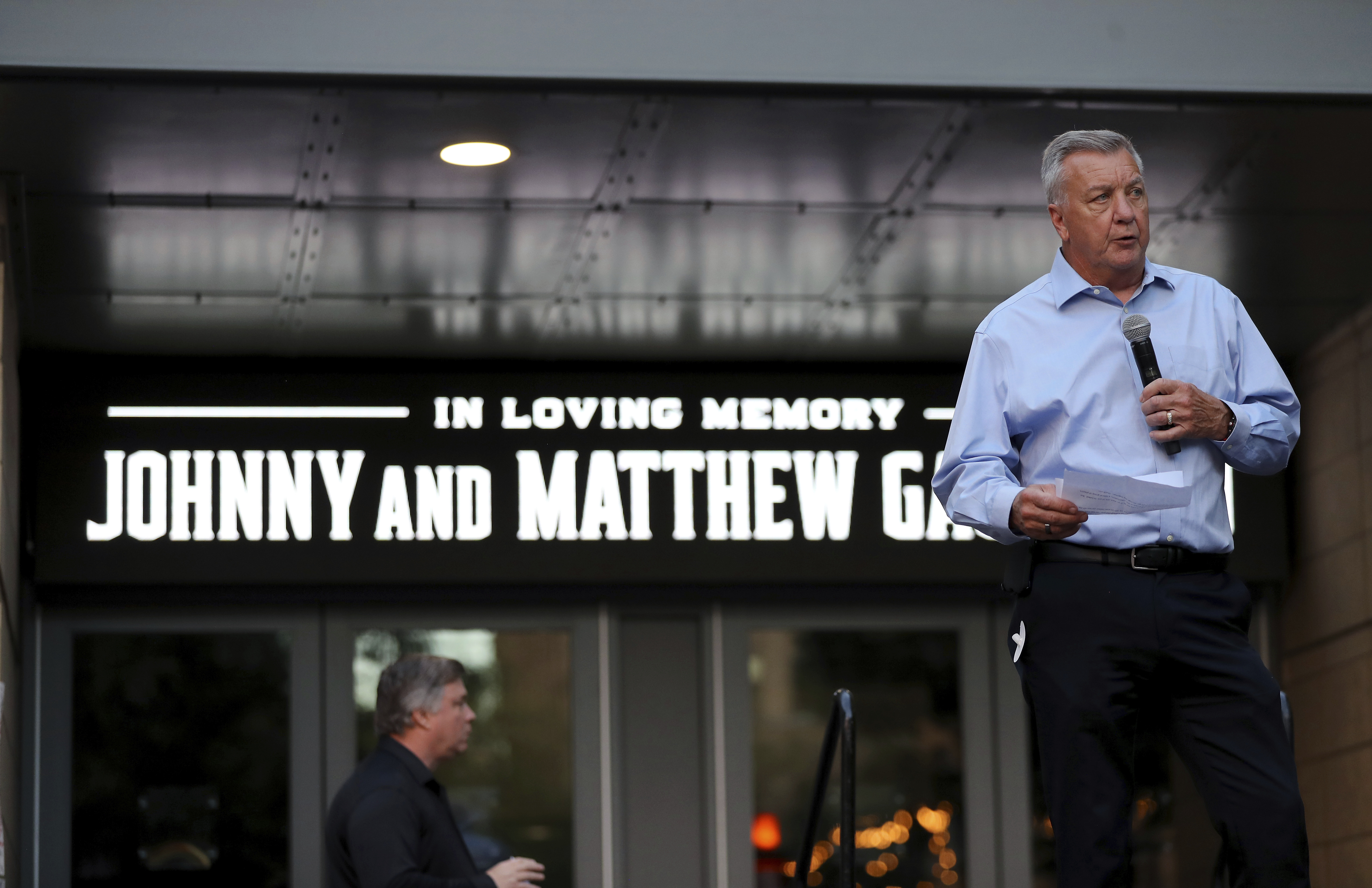 Columbus Blue Jackets general manager Don Waddell speaks during the candlelight vigil to honor Blue Jackets hockey player Johnny Gaudreau, Thursday, Sept. 4, 2024, outside of Nationwide Arena in Columbus, Ohio. Gaudreau and his brother Matthew were killed by a motor vehicle last week while riding bicycles.