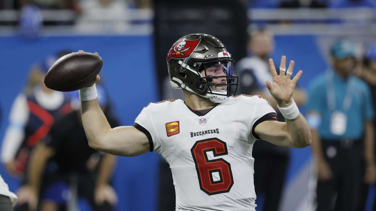Tampa Bay Buccaneers quarterback Baker Mayfield throws during the first half of an NFL football game against the Detroit Lions, Sunday, Sept. 15, 2024, in Detroit.