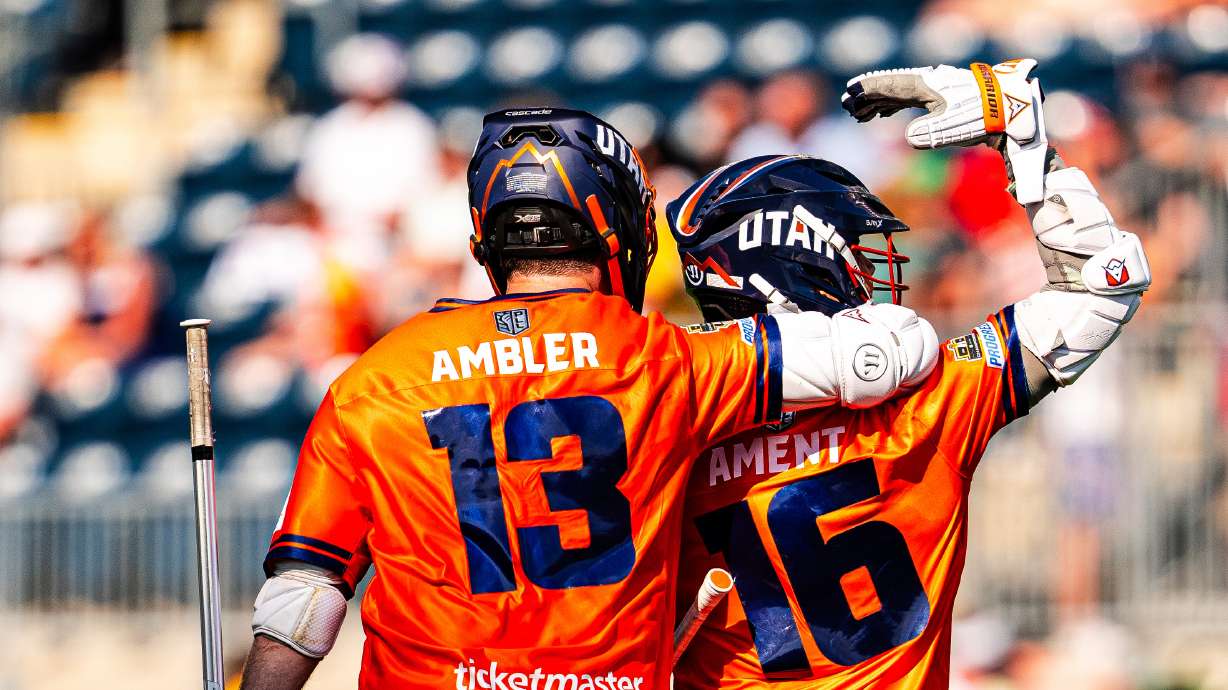 Utah Archers teammates Ryan Ambler and Grant Ament celebrate a goal during the PLL Championship match against the Maryland Whipsnakes, Sunday, Sept. 15, 2024 at Subaru Park in Philadelphia, Pa.