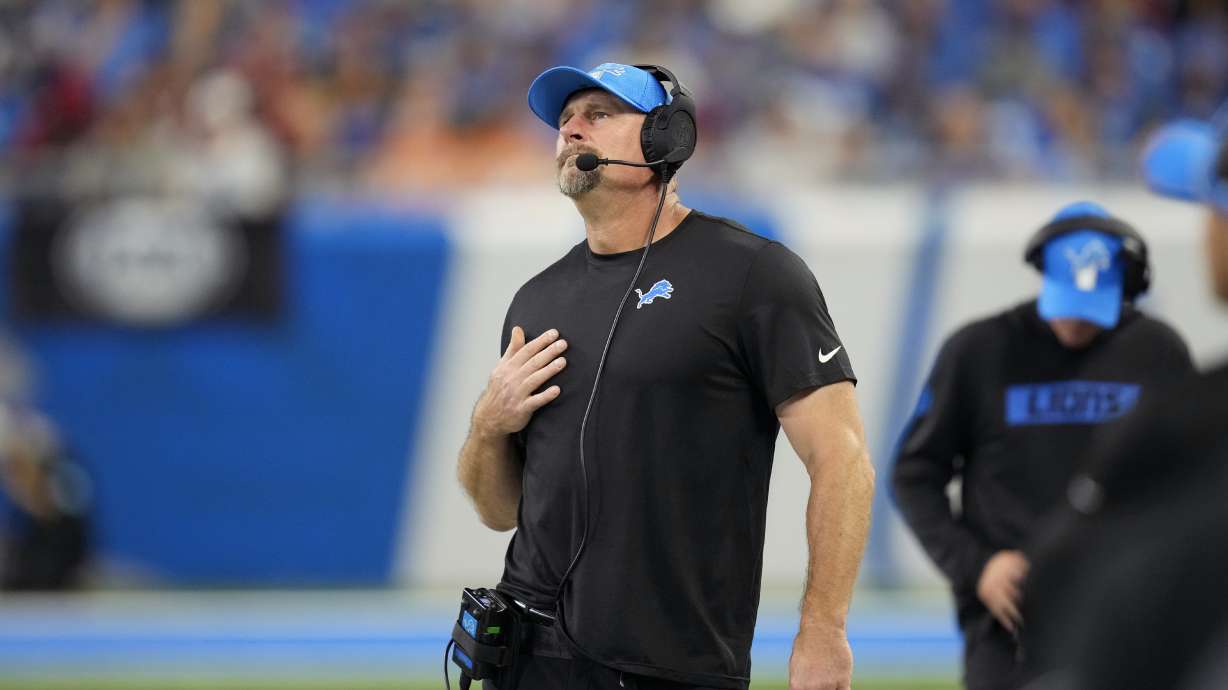 Detroit Lions head coach Dan Campbell watches during the first half of an NFL football game against the Tampa Bay Buccaneers, Sunday, Sept. 15, 2024, in Detroit.