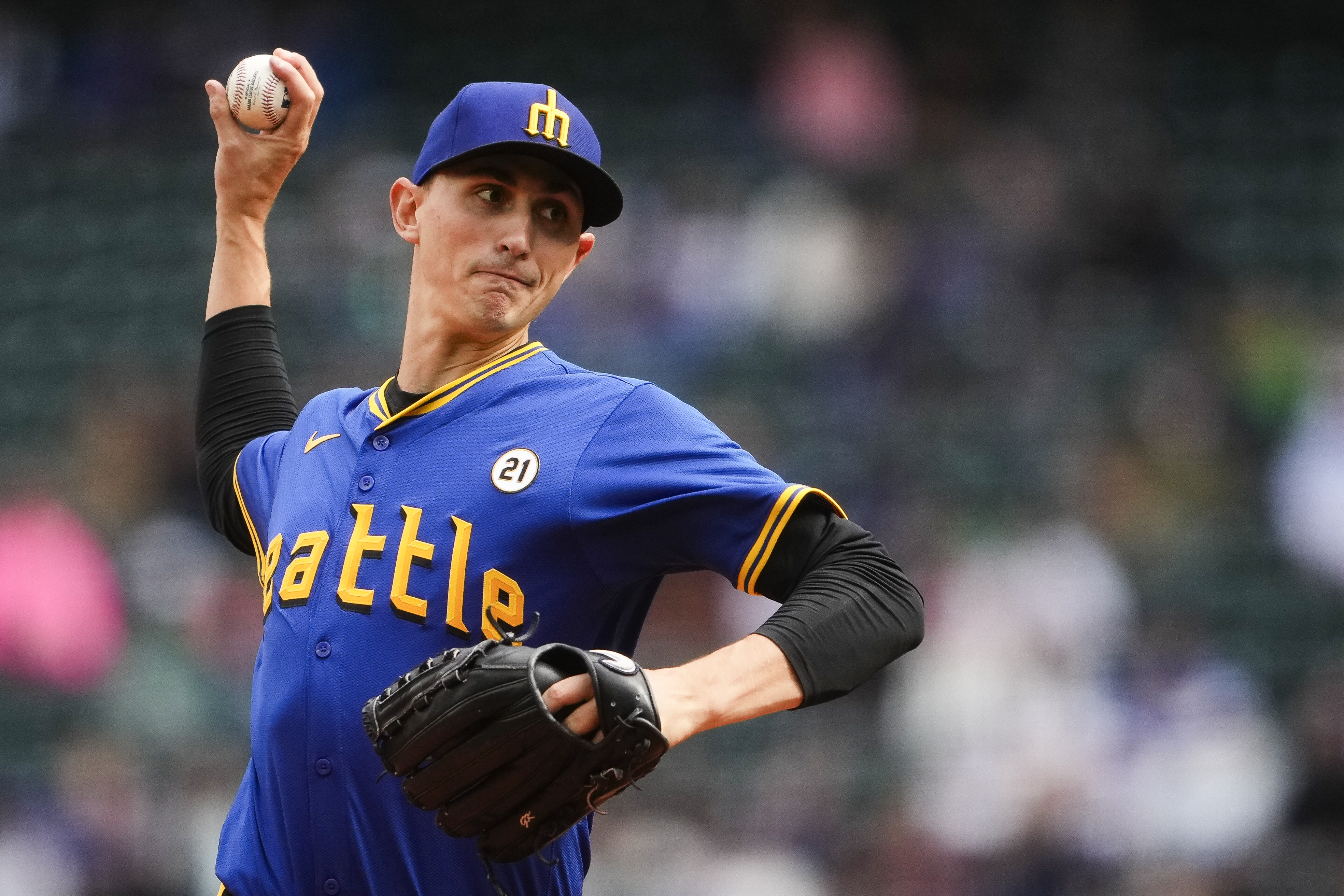 Seattle Mariners starting pitcher George Kirby throws against the Texas Rangers during the first inning of a baseball game Sunday, Sept. 15, 2024, in Seattle.