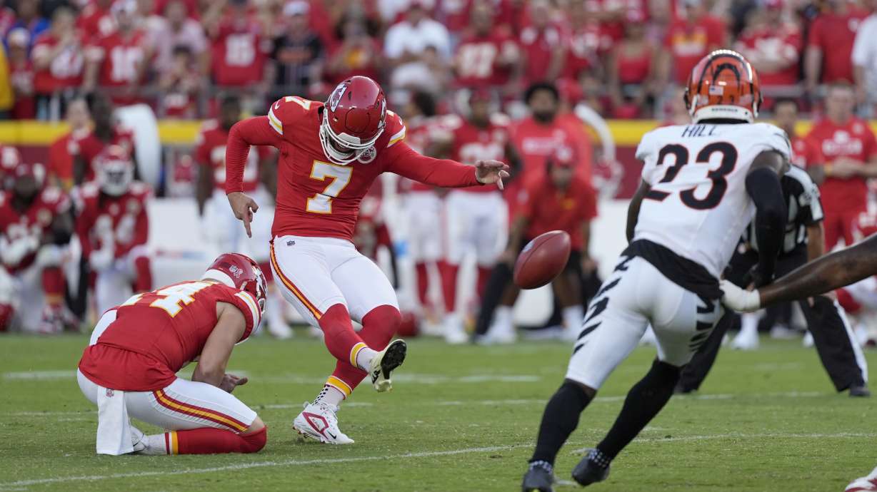 Kansas City Chiefs kicker Harrison Butker (7) kicks a 51-yard field goal during the second half of an NFL football game against the Cincinnati Bengals to give the Chiefs a 26-25 victory Sunday, Sept. 15, 2024, in Kansas City, Mo.