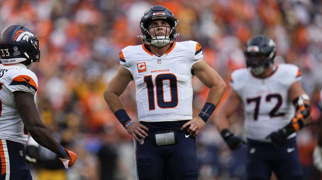 Denver Broncos quarterback Bo Nix (10) reacts during the second half of an NFL football game against the Pittsburgh Steelers, Sunday, Sept. 15, 2024, in Denver.
