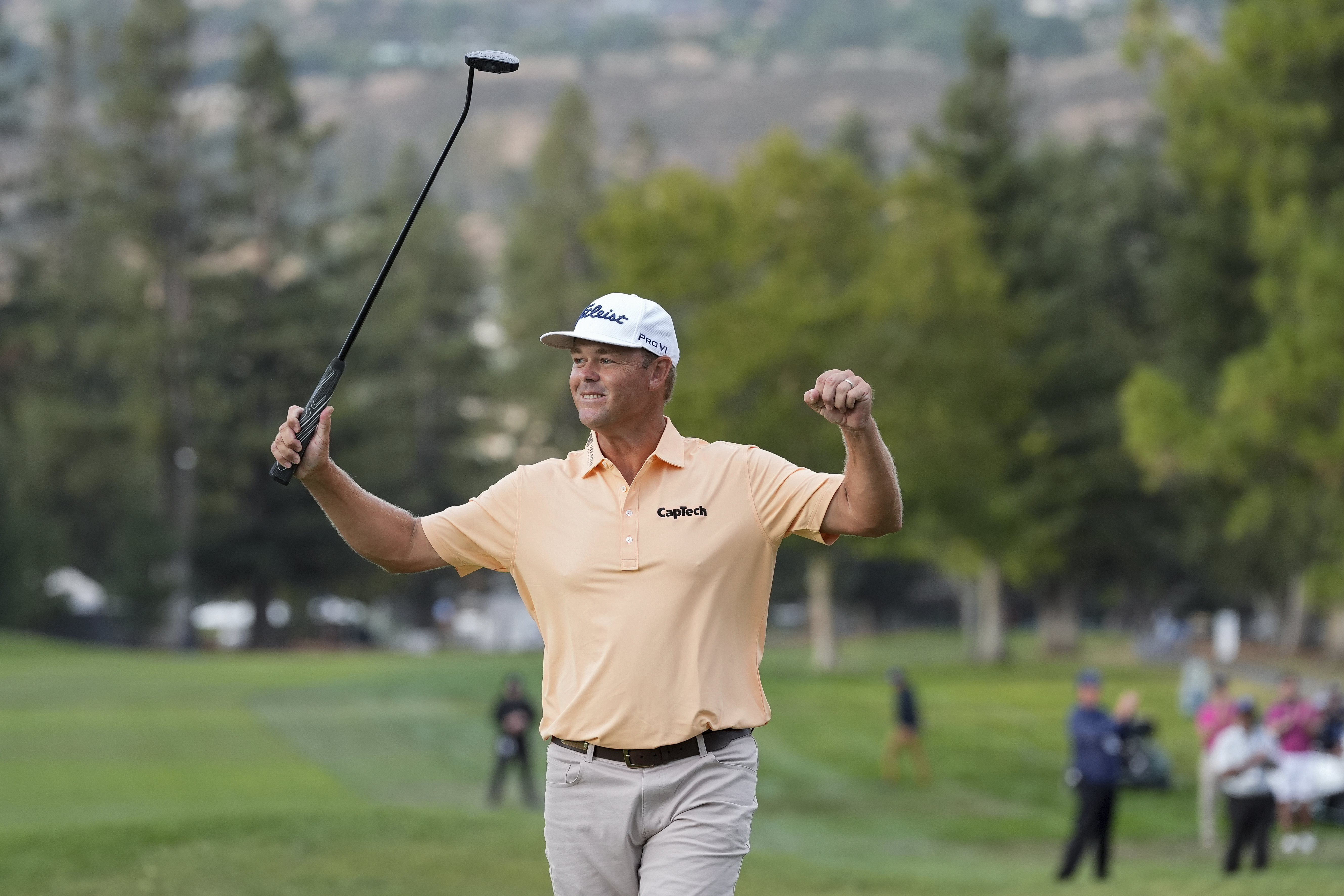Patton Kizzire celebrates after winning the Procore Championship golf tournament at Silverado Resort North Course, Sunday, Sept. 15, 2024, in Napa, Calif.