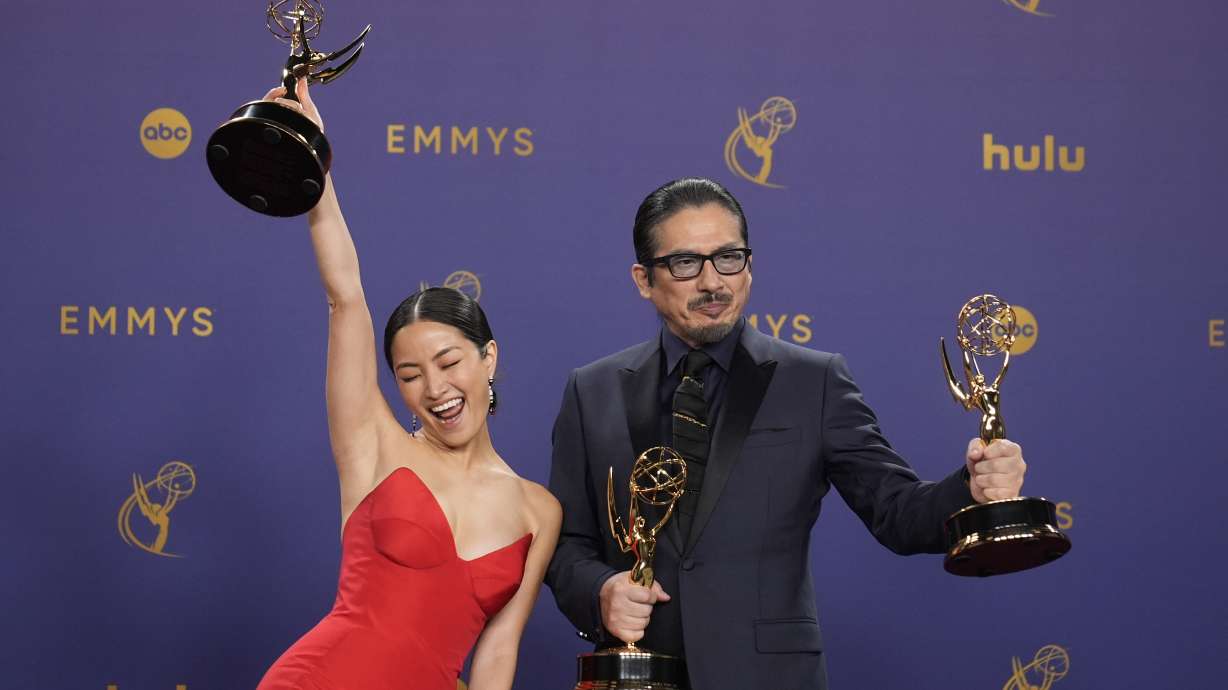 Anna Sawai, left, winner of the award for outstanding lead actress in a drama series for "Shogun," and Hiroyuki Sanada, winner of the awards for outstanding lead actor in a drama series, and outstanding drama series for "Shogun" pose in the press room during the 76th Primetime Emmy Awards on at the Peacock Theater in Los Angeles.
