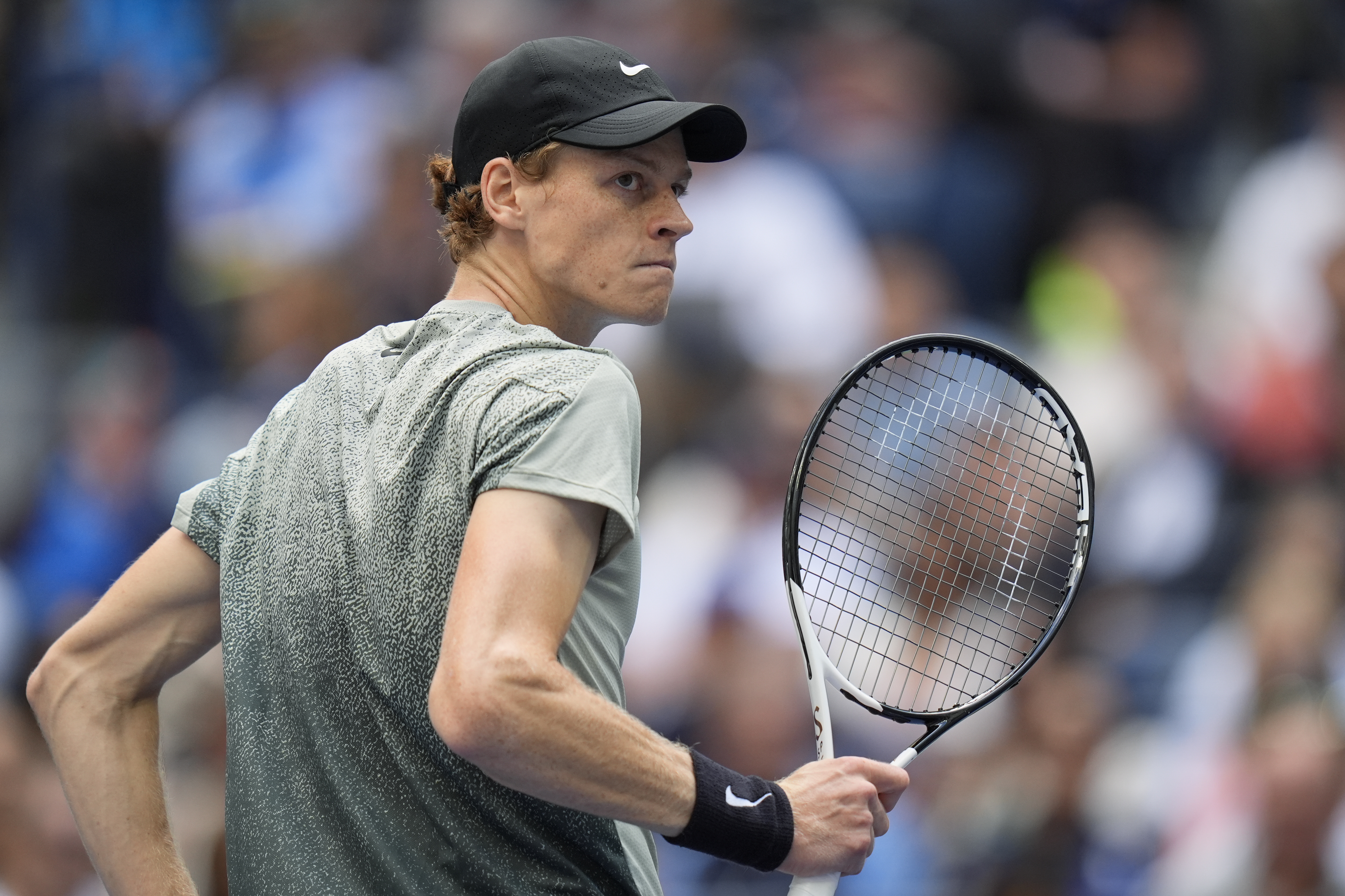 Jannik Sinner, of Italy, reacts after winning a game against Taylor Fritz, of the United States, during the men's singles final of the U.S. Open tennis championships, Sunday, Sept. 8, in New York. 2024.