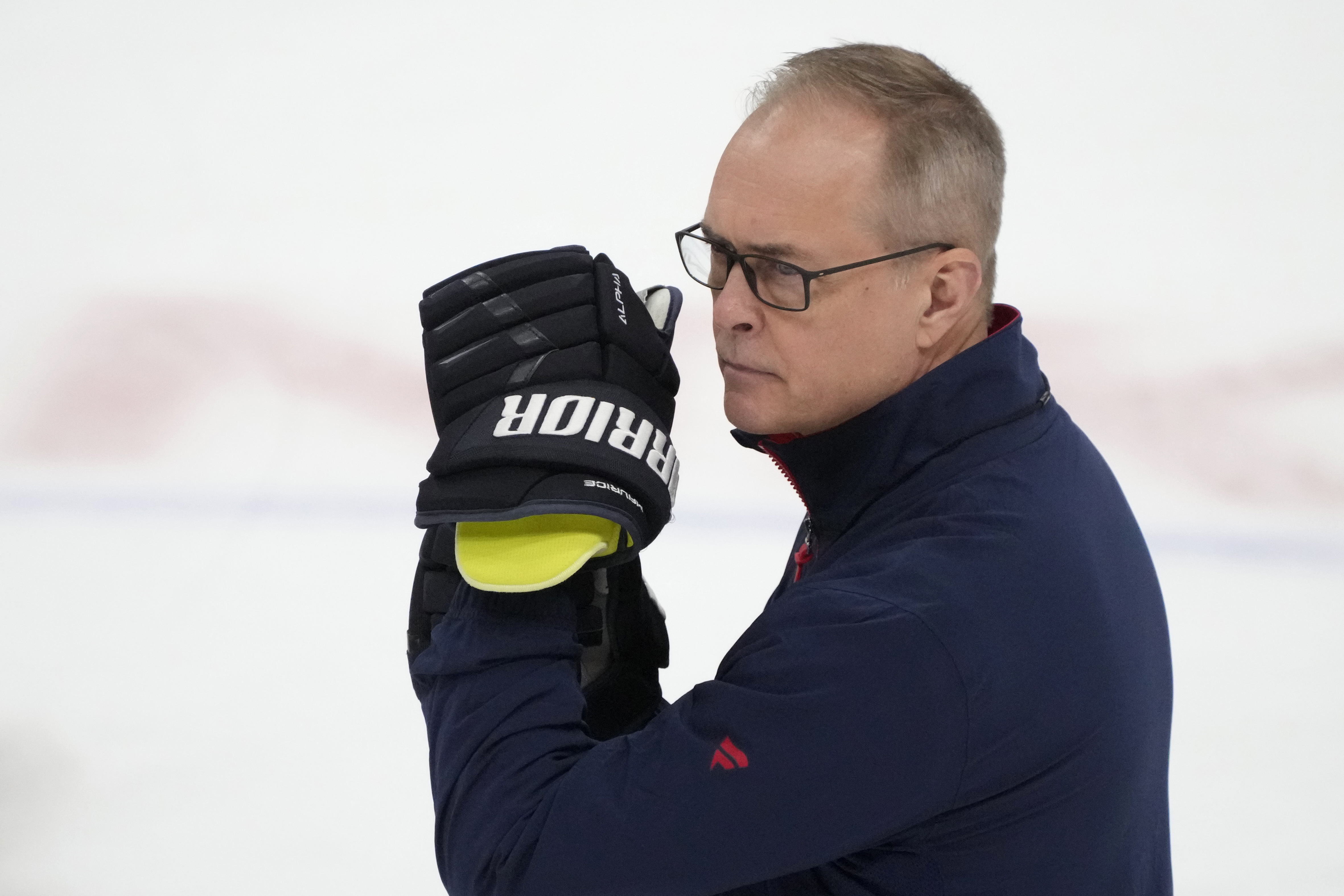 FILE - Florida Panthers head coach Paul Maurice watches players during a practice before Media Day for the Stanley Cup Finals, Friday, June 7, 2024, in Sunrise, Fla. The Panthers take on the Edmonton Oilers in Game 1 on Saturday in Sunrise.
