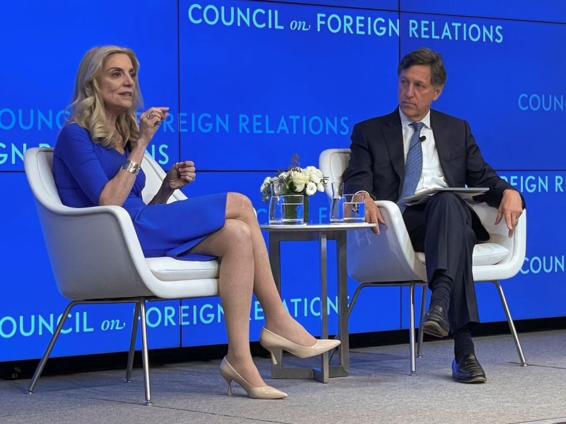 National Economic Council Director Lael Brainard and Blair Effron, co-founder of Centerview Partners speak at a Council on Foreign Relations event in New York City, Monday. - Lananh Nguyen, Reuters