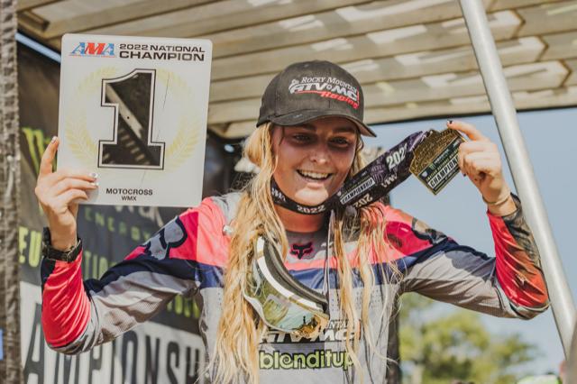 Sophie Phelps poses with her medal after winning her first national title at the 2021 Loretta Lynn Amateur Motocross Championships at the Loretta Lynn Ranch in Hurricane Mills, Tennessee.