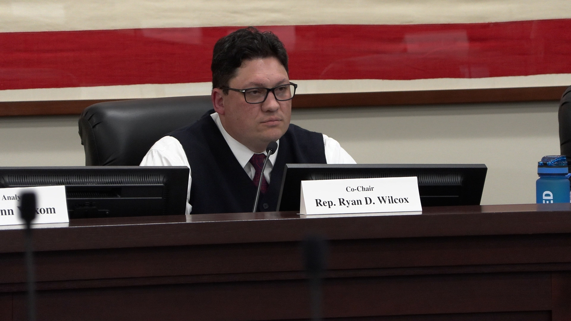 Rep. Ryan Wilcox , R-Ogden, listens to a discussion during Utah’s School Security Task Force meeting Monday at the Utah Capitol.