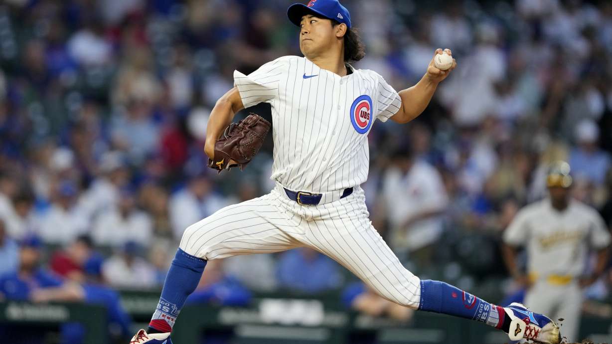 Chicago Cubs starting pitcher Shota Imanaga delivers during the first inning of a baseball game against the Oakland Athletics on Monday, Sept. 16, 2024, in Chicago.