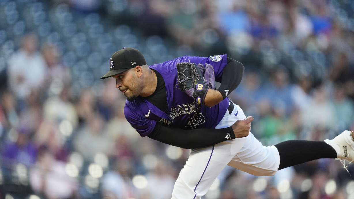 Colorado Rockies starting pitcher Antonio Senzatela works against the Arizona Diamondbacks in the first inning of a baseball game, Monday, Sept. 16, 2024, in Denver.