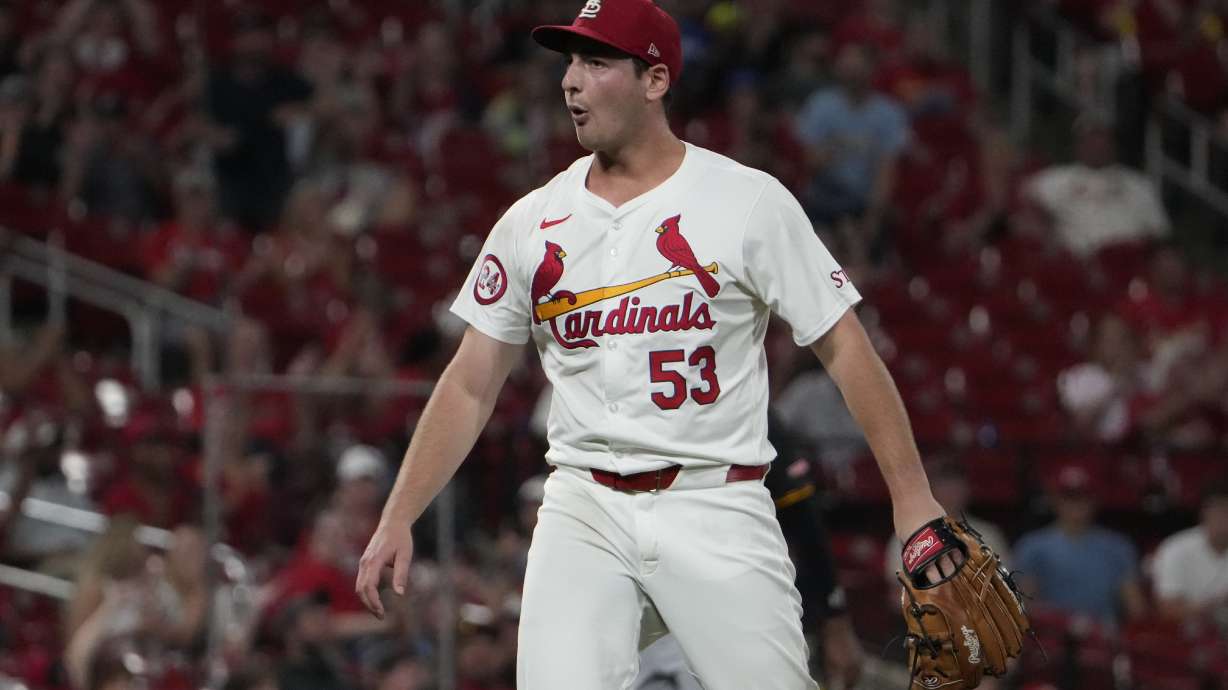 St. Louis Cardinals starting pitcher Andre Pallante celebrates after striking out Pittsburgh Pirates' Jared Triolo to end the top of the seventh inning of a baseball game Monday, Sept. 16, 2024, in St. Louis.