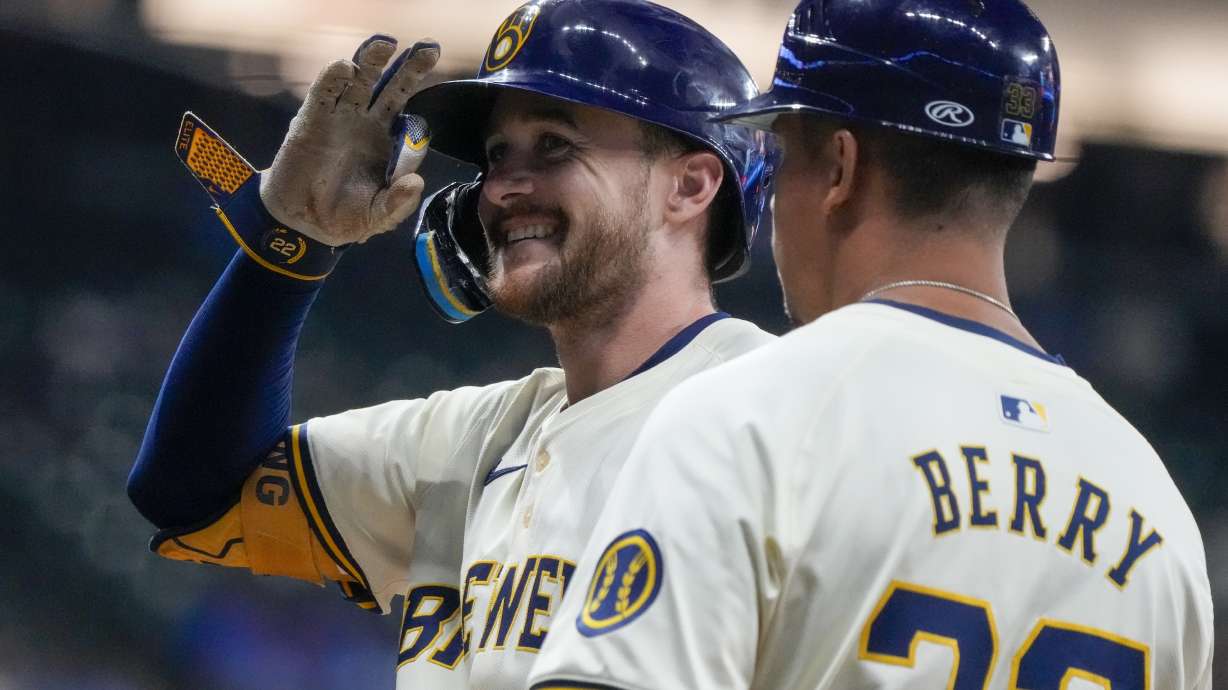 Milwaukee Brewers' Brice Turang reacts after hitting an RBI single during the sixth inning of a baseball game against the Philadelphia Phillies Monday, Sept. 16, 2024, in Milwaukee.