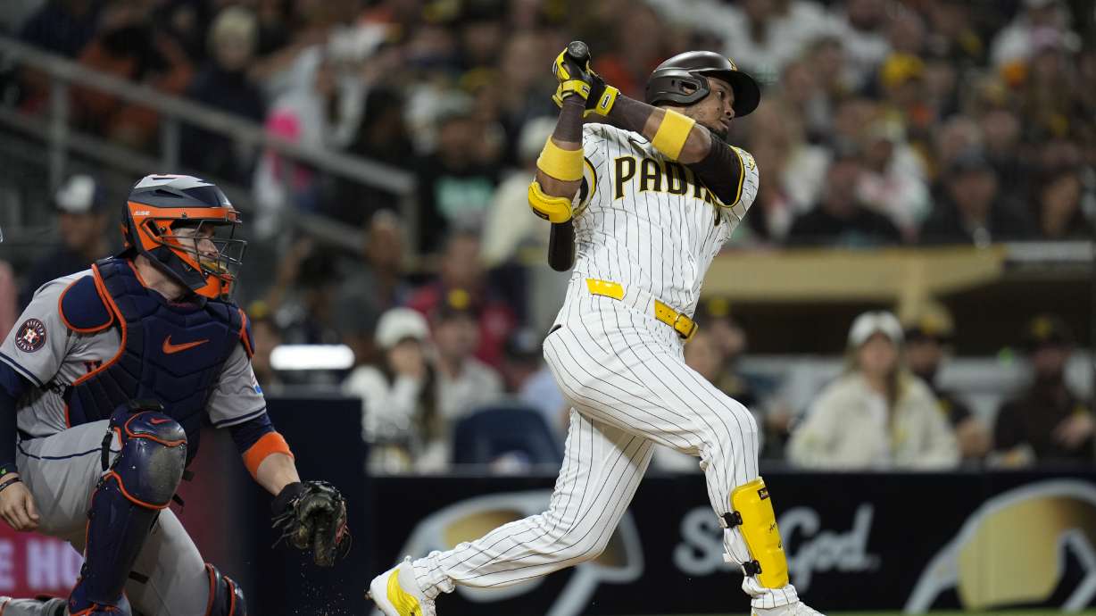 San Diego Padres' Luis Arraez strikes out during the second inning of a baseball game against the Houston Astros Monday, Sept. 16, 2024, in San Diego.