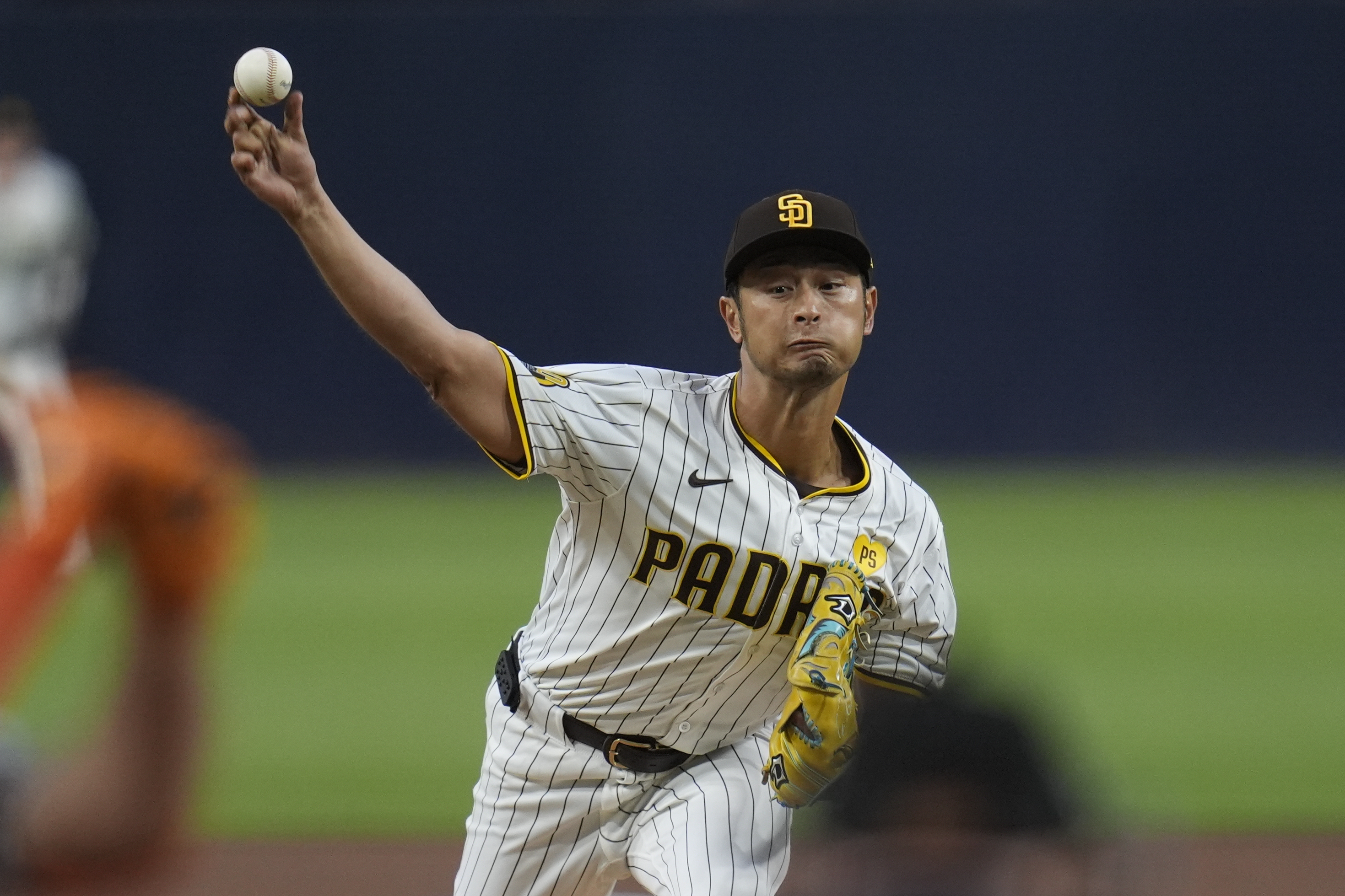 San Diego Padres starting pitcher Yu Darvish works against a Houston Astros batter during the first inning of a baseball game Monday, Sept. 16, 2024, in San Diego.