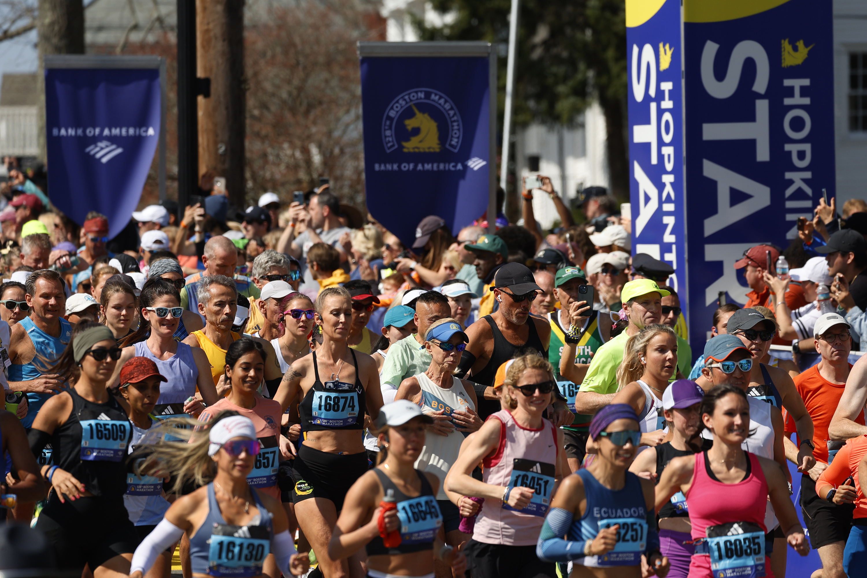 FILE - A wave of runners start the Boston Marathon, Monday, April 15, 2024, in Hopkinton, Mass.