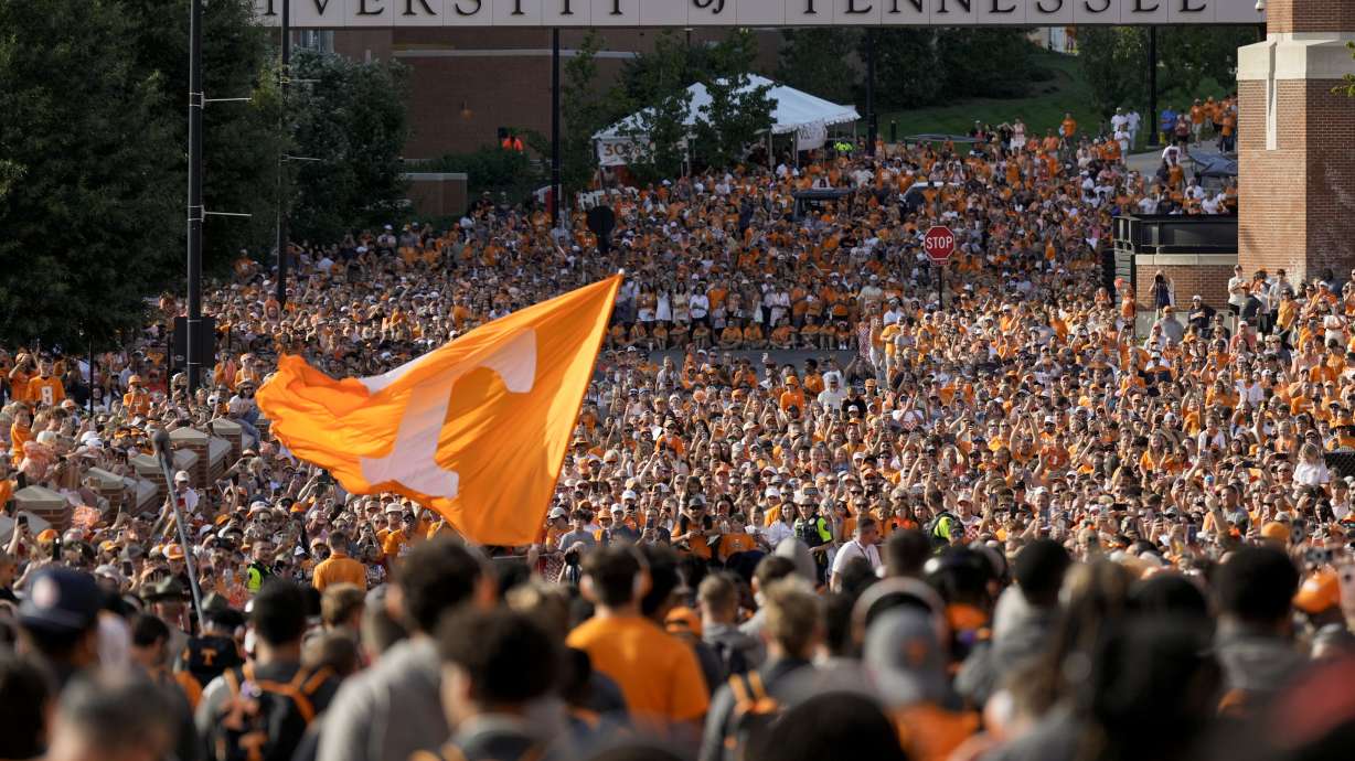 Tennessee fans gather outside Neyland Stadium before an NCAA college football game between Tennessee and Kent State, Saturday, Sept. 14, 2024, in Knoxville, Tenn.