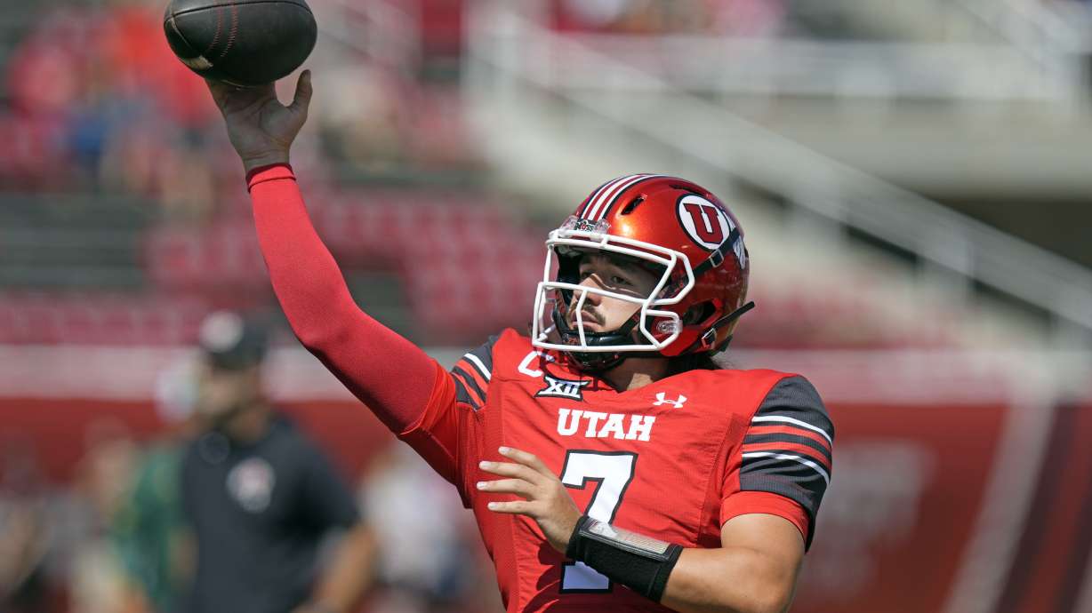 Utah quarterback Cameron Rising (7) warms up before an NCAA college football game against Baylor, Saturday, Sept. 7, 2024, in Salt Lake City.
