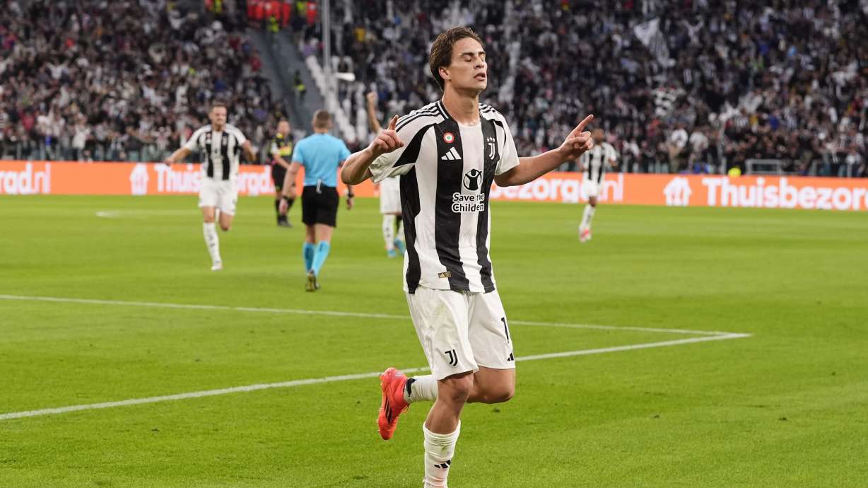 Juventus' Kenan Yildiz celebrates after scoring the opening goal during the Champions League opening phase soccer match between Juventus and PSV Eindhoven at the Juventus stadium in Turin, Italy, Tuesday, Sept. 17, 2024.