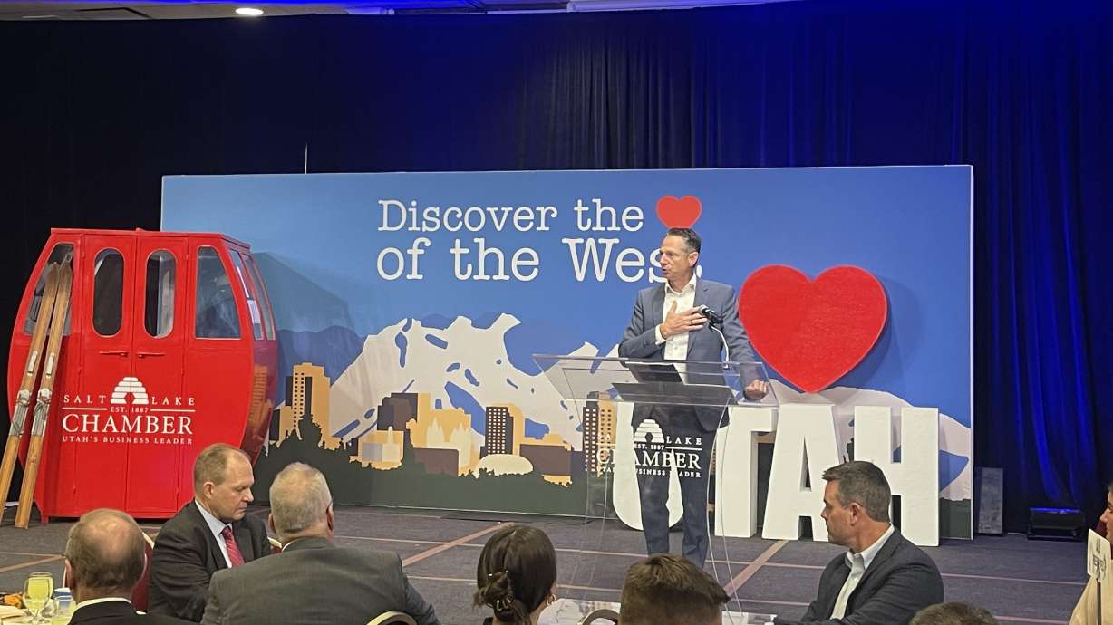 Derek Miller, president and CEO of the Salt Lake Chamber, speaks at the chamber's 137th annual meeting in Salt Lake City on Tuesday. KSL.com was presented the chamber's President's Award for Excellence.